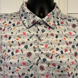 Mens 1764 performance Golf Polo sz L Festival Print Palm Trees Guitars